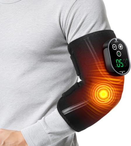 Kabelloses Ellenbogen-Heizkissen Mit Vibrationsmassage, Beheizte Ellenbogenbandage Mit Touchscreen-Steuerung, 5 Wärmestufen, 3 Vibrationsmodi, 3 Timer-Einstellungen, Integrierter 3000mAh-Akku