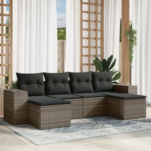 LoogCape 6-TLG. Garten-Sofagarnitur Grau aus Poly Rattan mit Kissen, modularer Outdoor Loungeset für Terrasse und Balkon, wetterfestes Wicker Patio Möbel Set mit Stauraum