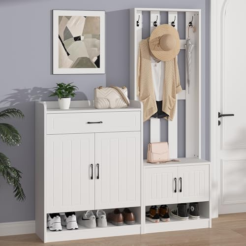 Vestiaire d'Entrée Multifonctionnel avec Miroir Banc et Placard, Meuble Porte-Manteau et Chaussures, 3 Crochets, Rangement Chaussures Réglable, Gain de Place, Couloir, Chambre (Blanc, 140x30x180cm)