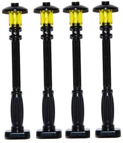 Lego City Classic Basic Laternen - 4 Stück in Schwarz mit schmalen gelben Lampen - Straßenbeleuchtung für Lego Sets