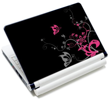 wortek Universal Notebook Skin für Laptops, Ultrabooks & Netbooks bis ca. 10,2 Zoll - Ranke Schmetterling Schwarz Pink