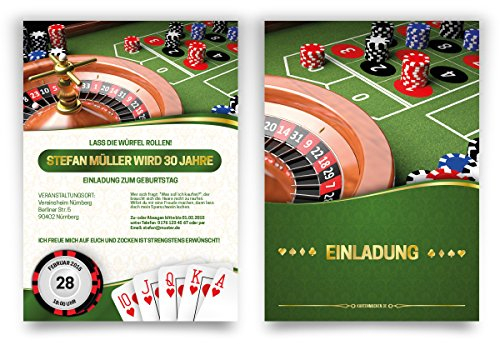 Einladungskarten zum Geburtstag (20 Stück) Casino Roulette Poker Spielkarten