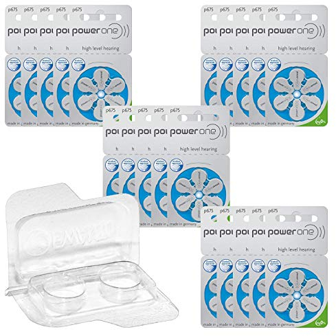 120x Power One 675 Hörgerätebatterien 20x6er Blister PR44 Blau 24600 + Aufbewahrungsbox für 2 Hörgerätebatterien (10, 13, 312, 675), Batteriebox für 2 Knopfzellen bis 12 mm x 6 mm (Ø x H)