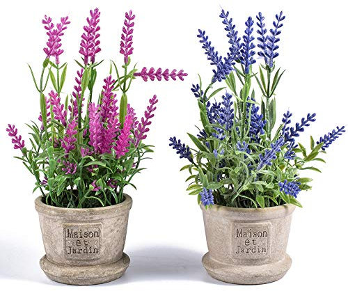2 Pièces Fleur Artificielle Lavande en Pot,Bouquets de Fleurs Fausse Lavande en Jardinière Petite Pièce pour Bonsaï pour la Chambre, Mariage, Fête, Jardin Décoration-Violet et Rose