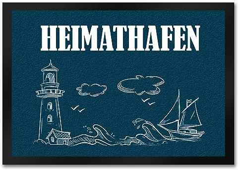 trendaffe - Heimathafen Fußmatte mit weiße Symbole wie Schiff Wellen Leuchtturm weiße Schrift Motiv