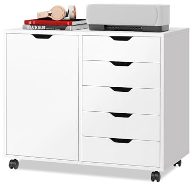 DEVAISE 5-Drawer Wood Drawer Cabinet, Office Storage Cabinet with Adjustable Shelf & Wheels, Printer Stand for Home Office, White