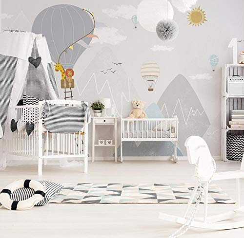 FHOMEY Tapete Wandbild 3D Graue Kinder Cartoon Tapete Heißluftballon Kindergarten Mädchen Kinderzimmer Tapete Junge Schlafzimmer Kinderzimmer Wandverkleidung-300 * 210Cm