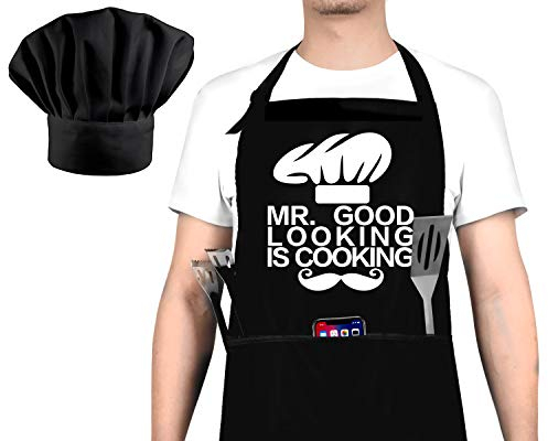 Funny Cooking Apron and Chef Hat Set for Men - Adjustable Bib Chef Apron for Men with 3 Pockets - BBQ Grill Apron for A Husband, Dad, Son, Grandfather Boyfriend Or Any Friend - Mr. Good..., Black, One