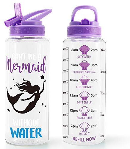 Home Tune Bouteille d'eau de motivation avec paille et marqueur de temps, Tritan sans BPA, paille rabattable, anti-fuite, poignée de transport, joli design et facile à nettoyer (sirène)