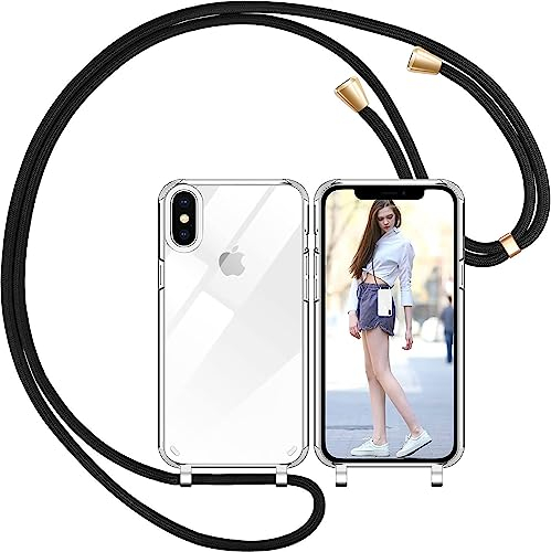 Nupcknn Handykette für iPhone X/XS Hülle mit Band,Dünn Transparent Handyhülle (Abnehmbar Einstellbar) Necklace mit Kordel zum Umhängen Kameraschutz Handy Kette Stossfest Schutzhülle(1.6M,Schwarz)