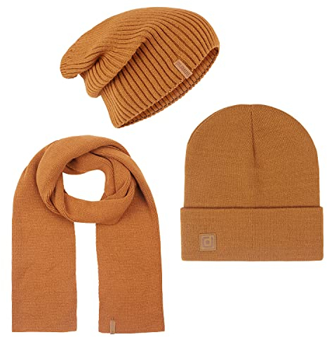 riverso Herren RIVGordon Slouch Beanie Mütze Schal Sets Winterset Outdoormütze Winterschal Unisex 3 in 1 Winter Herbst Einfarbig Einheitsgröße Braun, Größe:One Size, Farbe:Brown