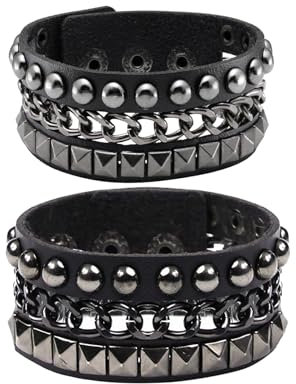 MILAKOO 2 Stücke breiter Lederarmband Set schwarze Nietenarmbänder mit Ketten Gothic Punk armband