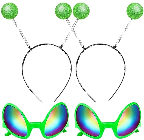 Vibbang 2 Stück Alien Brille Kostüm Sonnenbrille, 2 Stück Lustige Martian Antenne Stirnband, Party Brillen, Dekorative Alien Space Kostüm Cosplay Party Rave Accessoires Halloween Karneval