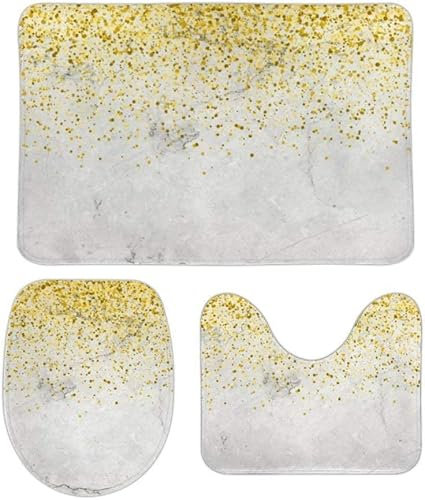 100 yeah Rutschfeste Badematte, 3-teiliges Flanell-Badezimmerteppich-Set, Gold Glitzer auf weißem Marmor, weicher WC-Vorleger