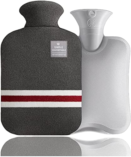 Hot Water Bottle with Lid - 2L Large - Premium Warming Bag with Knitted Sweater Cover - Ideal for Cramps, Pain Relief & Cosy Nights - Water Heating Pad - Foot & Bed Warmer (Grey)
