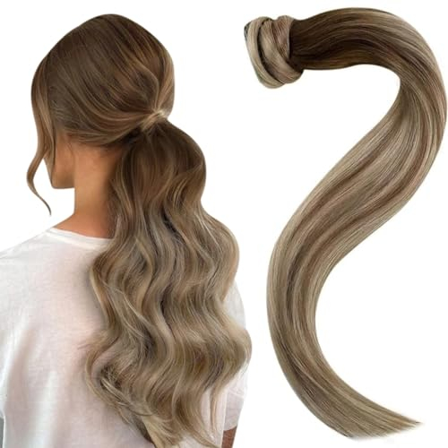 Easyouth Balayage Ponytail Echthaar Extensions Zopf Echthaar Darker Brown Mix Mittelbraun und Mittelblond Pferdeschwanz Extensions Remy Naturlich 70g 35 cm #3/8/22