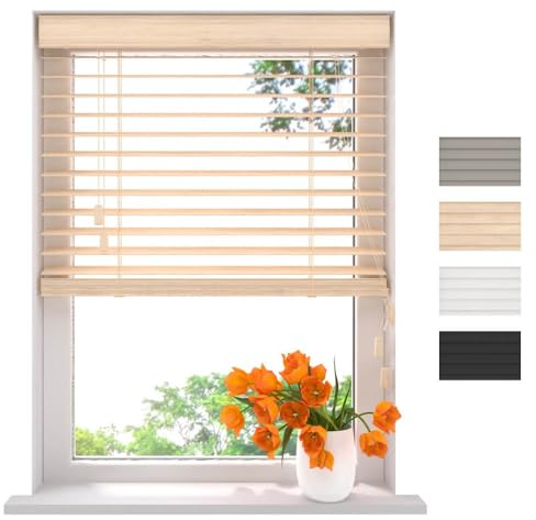 Radeco® Bambus Jalousie innen helle eichen 90 x 130 cm, 50mm Lamellen aus Bambus Holz, Breiten von 60 bis 210 cm erhältlich, innenjalousie, Fenster jalousien