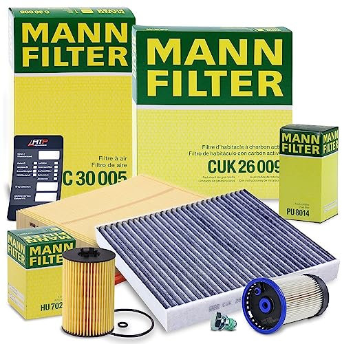 MANN-FILTER Inspektionspaket Filterset 1x Ölfilter, 1x Luftfilter, 1x Innenraumfilter (Aktivkohlefilter), 1x Kraftstofffilter, 1x Ölablassschraube mit Dichtung, 1x Ölwechselanhänger,