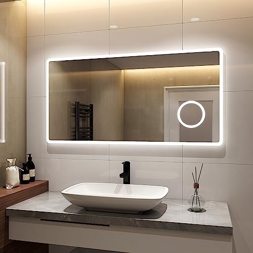 S'AFIELINA Badspiegel 120×60 cm Badezimmerspiegel mit Beleuchtung LED Badspiegel mit Druckknopfschalter 2 Lichtfarbe Kaltweiß und Warmweiß, Beschlagfrei, 3X Vergrößerung, Speicherfunktion