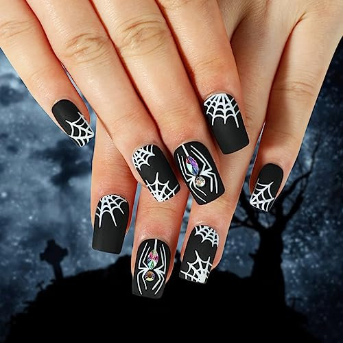 Vatocu Halloween Nägel Zum Aufkleben Lang Schwarz Rot Künstliche Nägel Schädel Blut Falsche Nägel Geist Acryl Press on Nails für Frauen und Mädchen (24 Stück) (Halloween H)