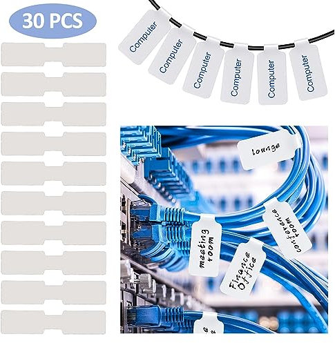 30pcs Blank Cable Labels, Reusable Wire Self Adhesive Labels, Cable Write On, Identification Tags, for Organizing Computer, Charger Cord