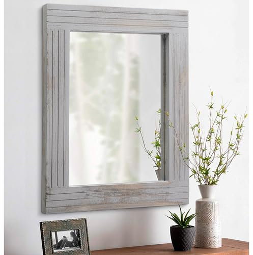 HLFMVWE Rustikaler Wandspiegel Bauernhaus, mit Rahmen, Holz, Wandspiegel, rechteckig, antikes Dekor, Hängespiegel für Badezimmer, Wohnzimmer, Schlafzimmer, Eingangsbereich, groß, 40,6 x 30,5 cm