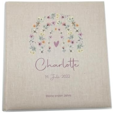Tenii® Fotoalbum personalisiert Baby, Kind Blumenbogen Leinen, Erinnerungsalbum (30x31cm - 100 Seiten)