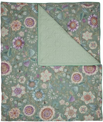 Pip Studio Tagesdecke Viva Las Flores Grün Blüten Knospen Beeren Schmetterlinge Stiele, Größe:150 x 200 cm