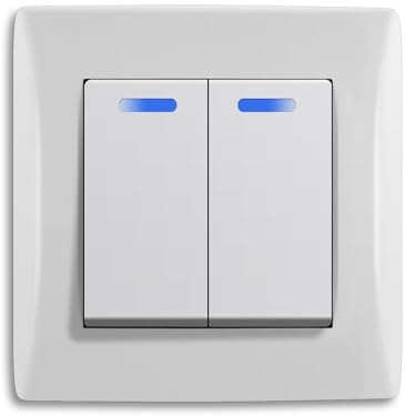 BSEED Lichtschalter mit Steckklemme 2 Fach 1 Weg, PC Rahmen Doppel Lichtschalter Unterputz mit LED Kontrollleuchte, Taster Schalter Unterputz, Wandschalter Light Switch für Wohnzimmer, Büro -Weiß