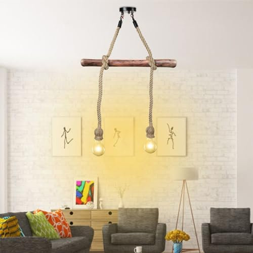 Zoegneer Hemp Rope Chandelier, IP20 LED 2-head Industrial Pendant Light Retro Hemp Rope Ceiling Light, Earth Yellow 100Cm