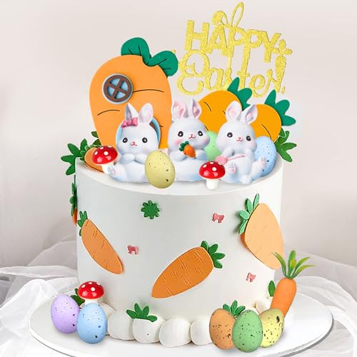 DRWATE Easter Bunny Cake Topper Egg Cake Decorations Rabbit Carrot Figurine Cake Topper for Easter Festival Birthday Party Baby Shower Supplies (Style 1)
