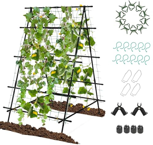 GOPLUS Treillis pour Plantes Grimpantes, Treillis de Jardin Pliable, Recouvert de Plastique, Filets, Clips Auxiliaires Réglables, Forme en A pour Plantes, Légumes,103x109x149CM
