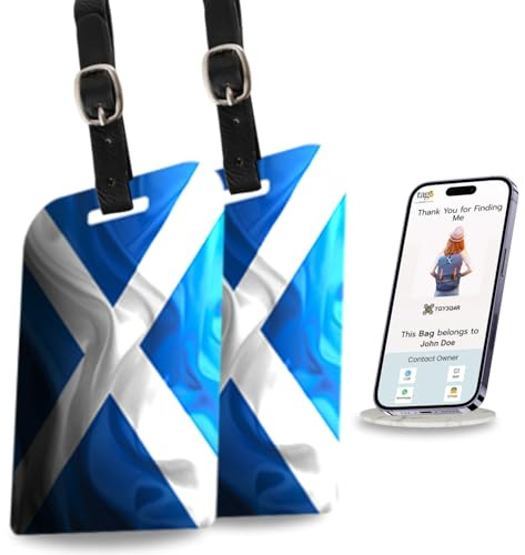 Smart-Taschenanhänger mit tag8 Schottland-Flagge, trendiger Gepäckanhänger, ID-Identifikation, modisches digitales Namensschild, Fluggesellschaftskonform, SITA World Tracer-Code aktiviert,