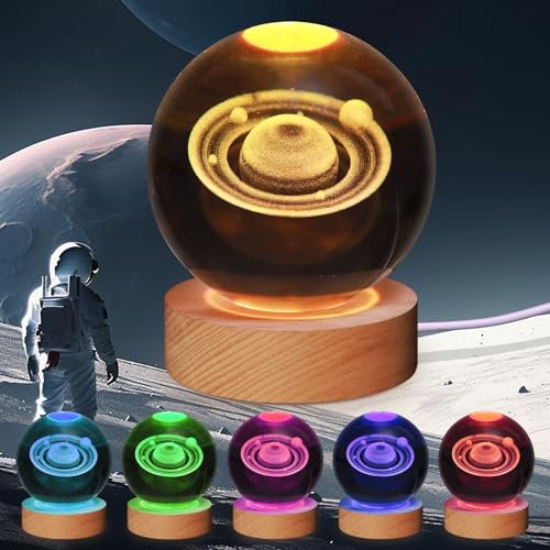 3D Solar System Kristallkugel Nachtlicht, 3,15 Zoll Glaskugel 7 Farbe wechselnde für Schlafzimmer Dekoration Lampe, Weihnachten Geschenke Geburtstag Geschenk für Jungen, Mädchen (Saturn Lamp)