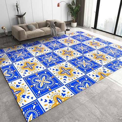 QDJKBL Area Rugs 70 x 140 cm Bohemian Ethnic Pattern, 3D Blue and White Retro Geometric Tile Print Carpet Runners, Non-Slip Carpet Fuzzy Plush Soft Shaggy for Kids Room Hallways