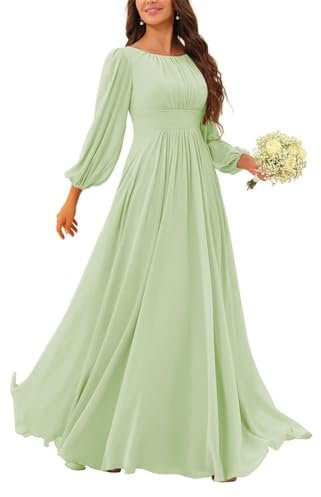 HPPEE Fall Long Sleeve Sage Green Bridesmaid Dresses for Women with Sleeves Pleated Plus Size Chiffon Evening Formal Dress UK28