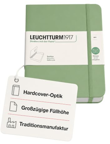 LEUCHTTURM1917 Buchbox Salbei: im Notizbuch-Design, für DIN A4 | 255x329x60 mm, 5 cm Füllhöhe, mit Verschlussgummi, inkl. Aufkleber-Set zur Beschriftung und Archivierung