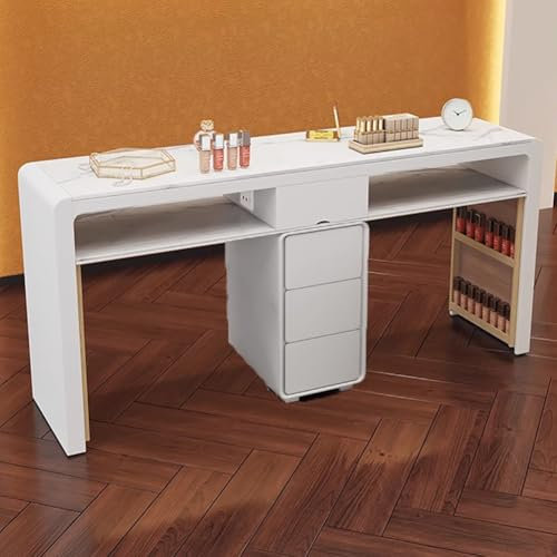 TT-YEC Modern Professional Manicure Table, Wooden Manicure Table with Glass Top, Drawers And Open Storage, Beauty Salon Nail Salon Table, Black And White Dressing Table,CL142CM