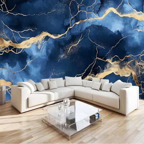 Panoramique Photo Murale Marbre bleu et or aquarelle 250 x 175 cm HD Quality Papier Peint Mural Poster for Kids' Room, Living Room, Contexte de la Télévision Hallway Decor
