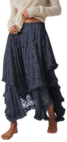 R.Vivimos Femmes d'été bohème Dentelle Beach burket Jupe Longue Semi Transparente Swing Volante irrégulière Ourlet Jupe Longue(M,NavyBlue)