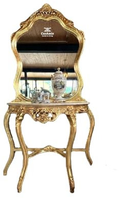 CasAmin Home & Living Consoles de table dorées et miroir de style baroque rétro rococo avec plateau en marbre beige. Set de miroirs de table fabriqués à la main en bois aspect doré