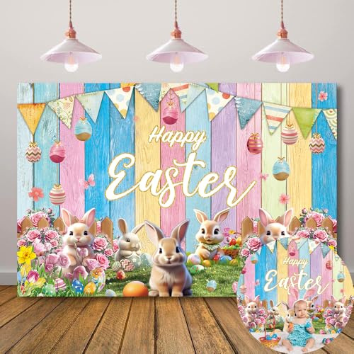 Spring Easter Backdrop Colorful Wooden Wall Bunny Colorful Eggs Photography Background Happy Easter Background Decorations Banner (7x5FT（210x150cm）)