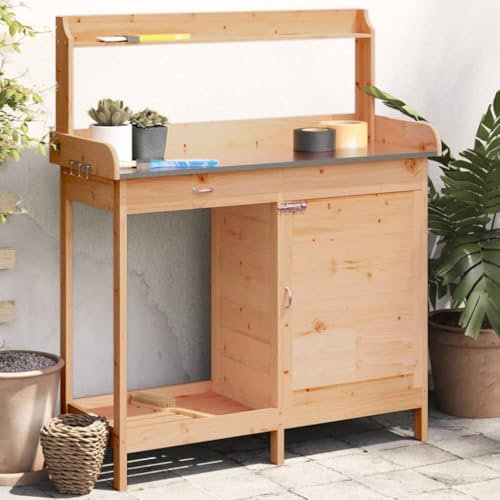 Homgoday Pflanztisch mit Schrank Braun 110,5x45x124,5cm Massivholz Tanne Gartentisch Gärtnertisch Holzpflanztisch Pflanzentisch Gartenarbeitstisch Pflanz-Arbeitstisch für Garten