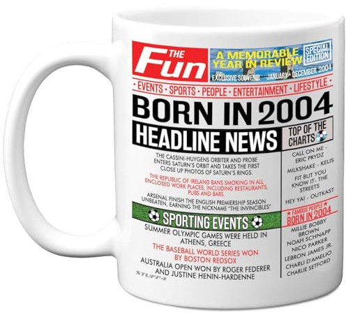 Stuff4 21st Birthday Mug Gift for Men Women - Born in 2004 Newspaper - Happy 21 Birthday Gifts for Son Daughter Cousin Vintage Retro Back in 2004 Age Twenty-One Bday, 11oz Ceramic Coffee Mugs