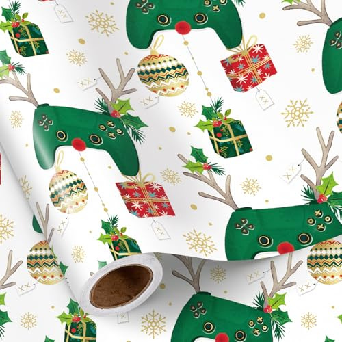 RUSPEPA Gamer-Weihnachts-Geschenkpapierrolle Für Jungen, Game-Controller-Hirsch, Stechpalmen-Und Ornament-Design, Weiß-Grünes Geschenkpapier Für Teenager Und Kinder, Feiertage, Geburtstag, 43,2Cm X 5M