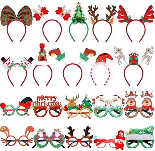 SIQUK 20 Stück Weihnachten Haarreifen Weihnachtsbrille Set, Weihnachten Stirnbänd Haarband Weihnachte Brille Rahmen Weihnachts Kopfschmuck Weihnachtsbaum für Weihnachs Party Kostüm