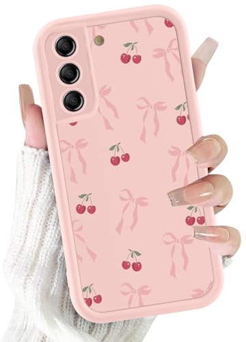 Phoona Case for Samsung Galaxy S22 5G 6.1, Cute Aesthetic Design Bow Cherry Preppy Pattern, Silicone Soft TPU Shockproof Protective Camera Cover Phone Case for Girls Women, Pink Bow