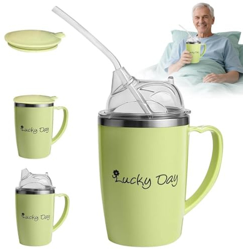 BIZOI Adult Sippy Cups for The Elderly Non Spill, 3-in-1 Elderly Spill Proof Cups, 350ml Beakers for Elderly with Lid and 30cm Straw, Stainless Steel Dysphagia Cups with Handle for Elderly Patient