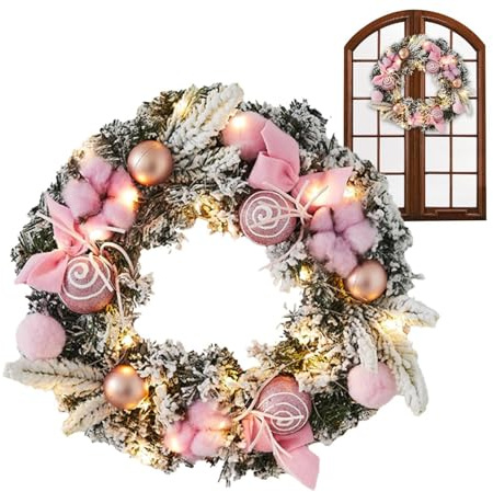 Girlande, Weihnachtskranz, mit Lichtern, Weihnachtskränze for draußen for die Haustür, großer künstlicher, schneebedeckte beflockte(Pink)