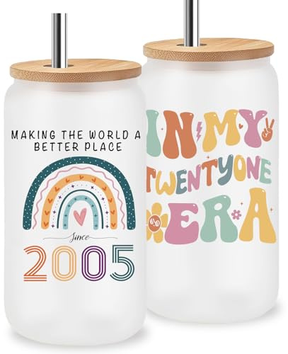Jars Nova 21st Birthday Glass Tumbler 16oz｜“in My Twenty One Era” Born in 2005 Keepsake Cup with Lid & Stainless Steel Straw｜21st Birthday Gift for Her Daughter Niece Best Friend, Gifts for Women